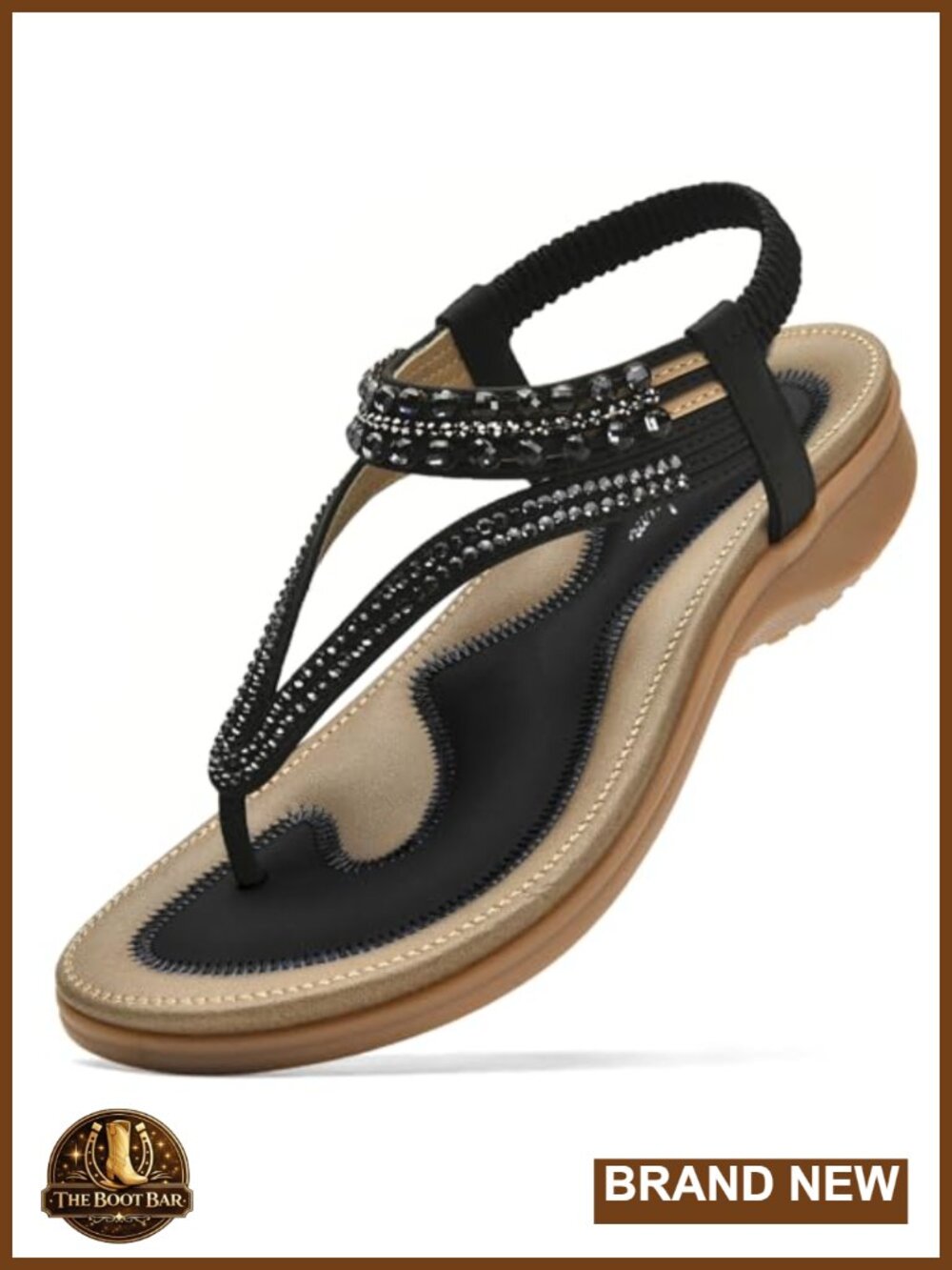 Womens Sandals Arch Support Slingback Rhinestone T-Strap PU Leather Comfort Flat